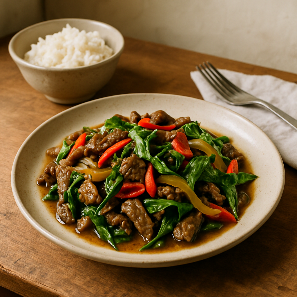 Rindfleisch-Wokgericht mit Thai-Basilikum