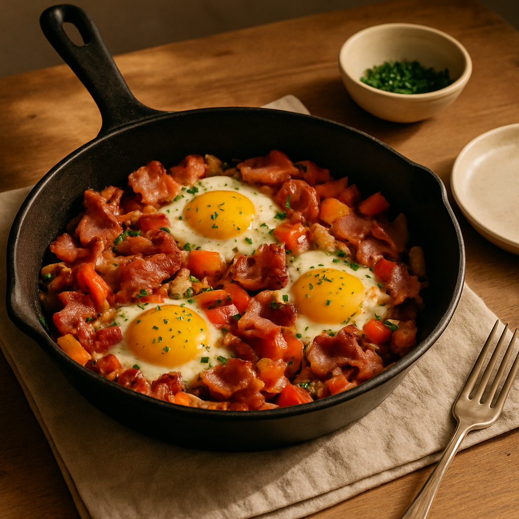 Frühstückspfanne mit Bacon und Eiern