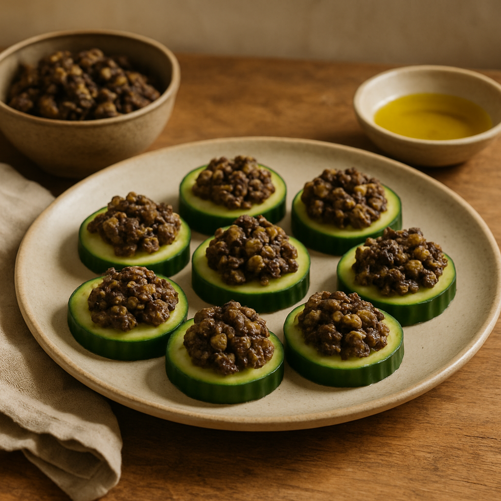 Oliventapenade auf Gurkenscheiben