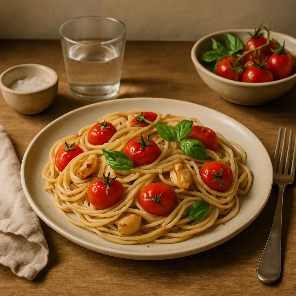 Pasta mit geröstetem Knoblauch und Kirschtomaten