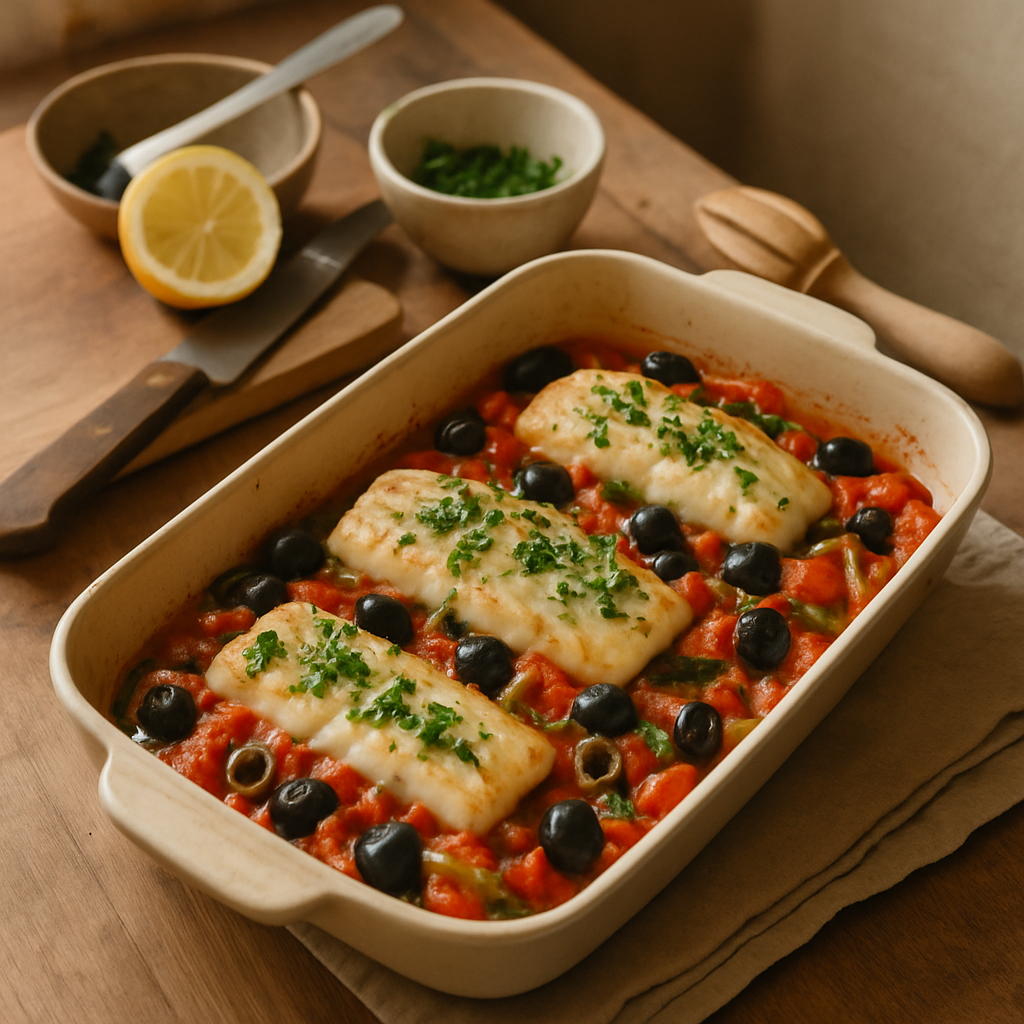 Gebackener Kabeljau mit Tomaten und Oliven