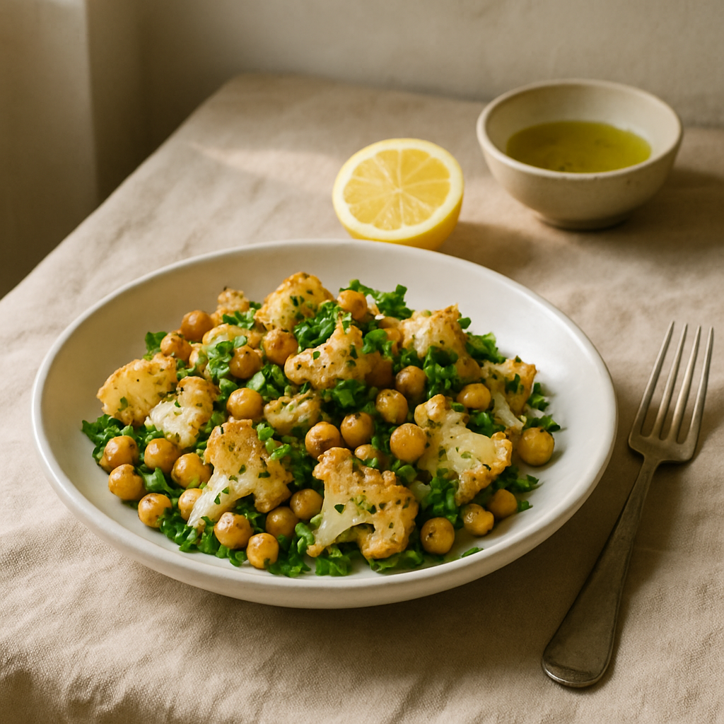 Salat mit geröstetem Blumenkohl und Kichererbsen