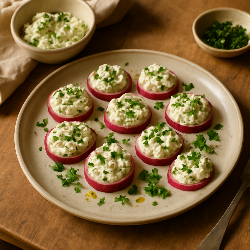 Cracker-Häppchen mit Radieschen und Kräuterfrischkäse
