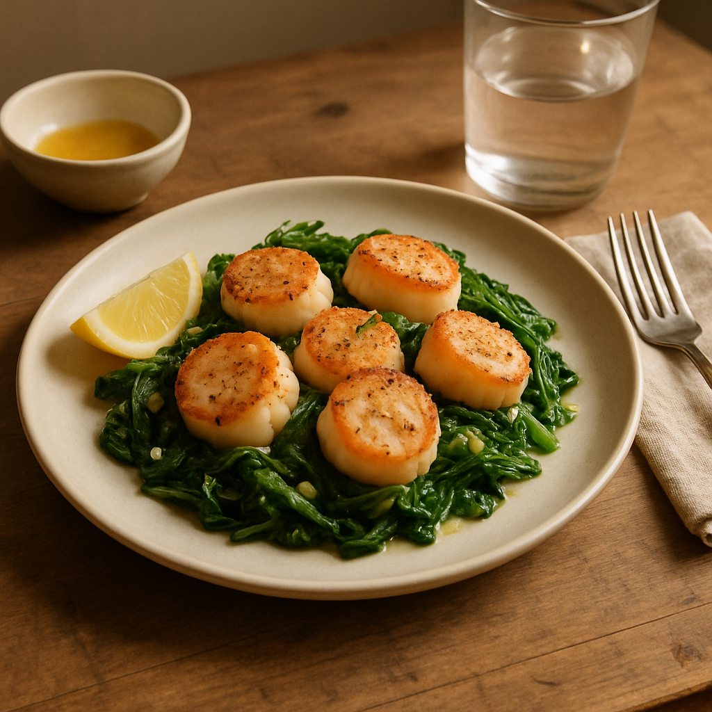 Seared Scallops with Garlic Spinach