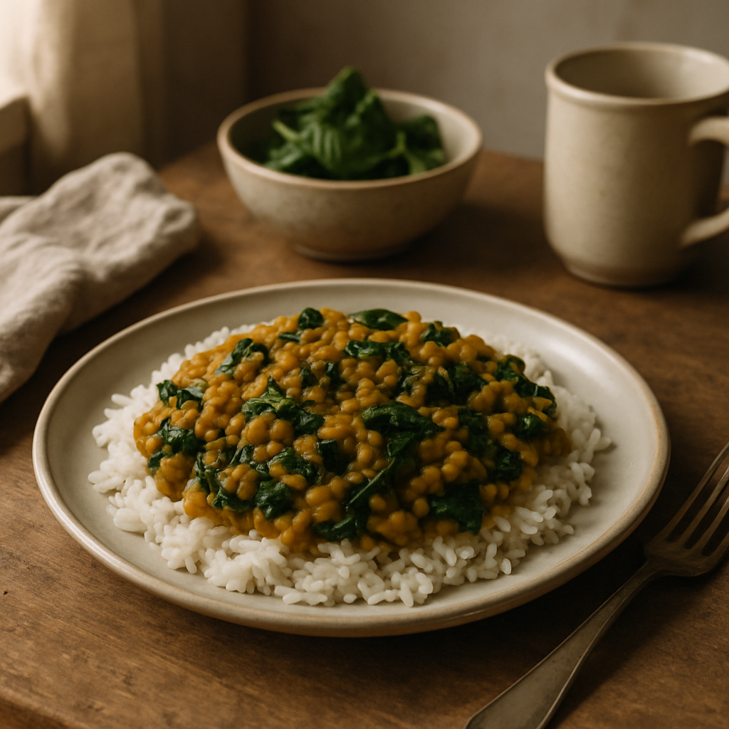 Curry-Linsen mit Spinat