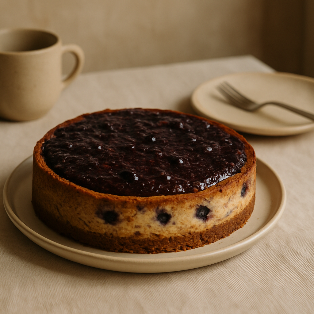 Blaubeer-Protein-Cheesecake mit Hafer-Pekannuss-Boden