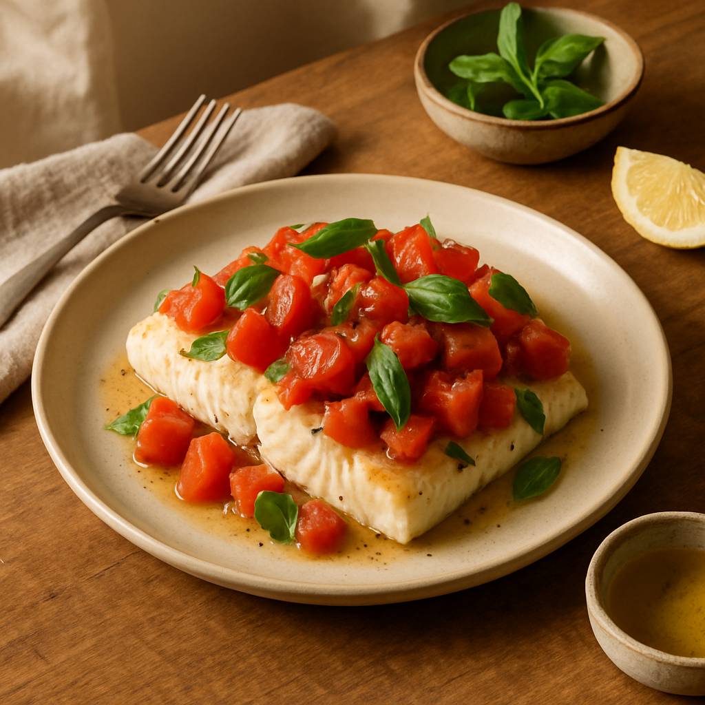 Baked Halibut with Tomato Basil
