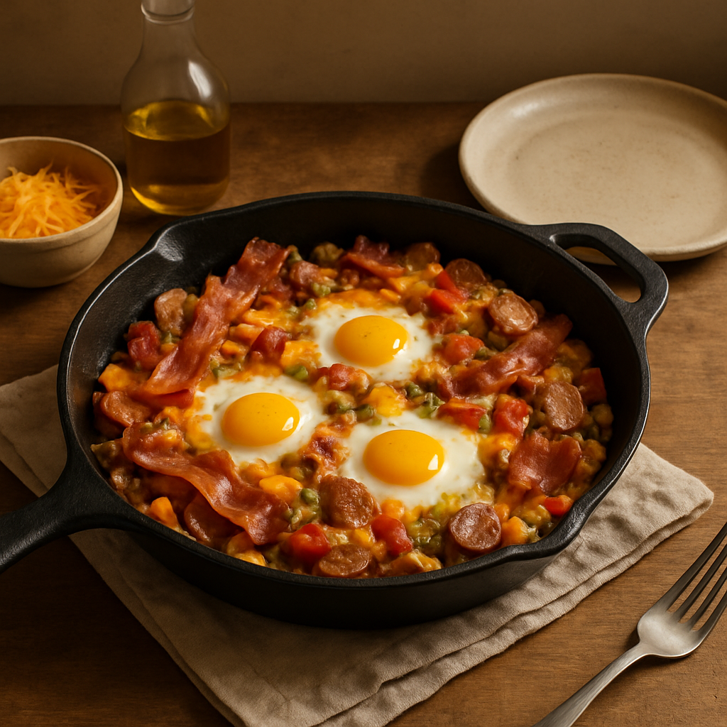 Frühstückspfanne mit Fleisch und Eiern