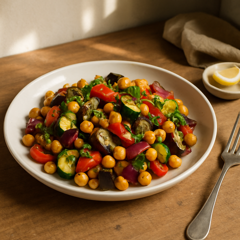 Salat mit geröstetem Gemüse und Kichererbsen