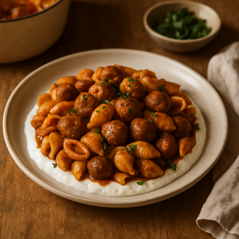 Boulettes et pâtes coquillages à la turque dans une seule casserole