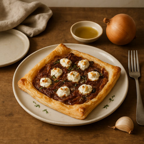 Tarte mit karamellisierten Zwiebeln und Ziegenkäse