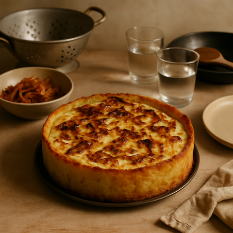 Tarte aux oignons caramélisés sur fond de pommes de terre