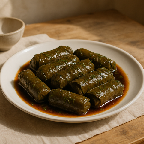 Grape Leaf Dolma with Pomegranate-Lemon Syrup