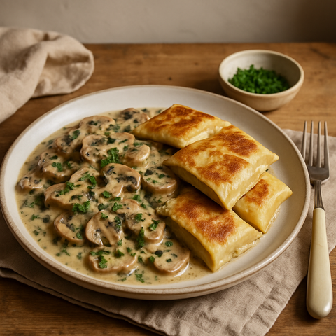 Ragoût crémeux de champignons aux Maultaschen véganes poêlées