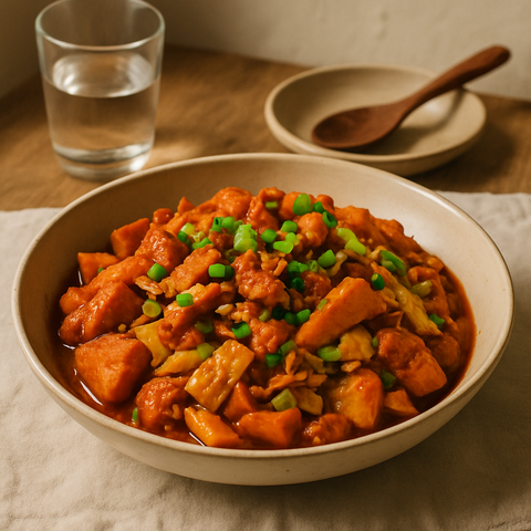 Dak Galbi (scharfes koreanisches Pfannengericht mit Hähnchen)