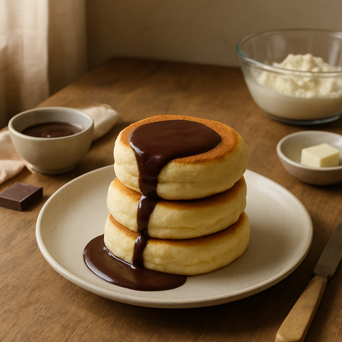 Japanese Soufflé Pancakes with Dark Chocolate Sauce