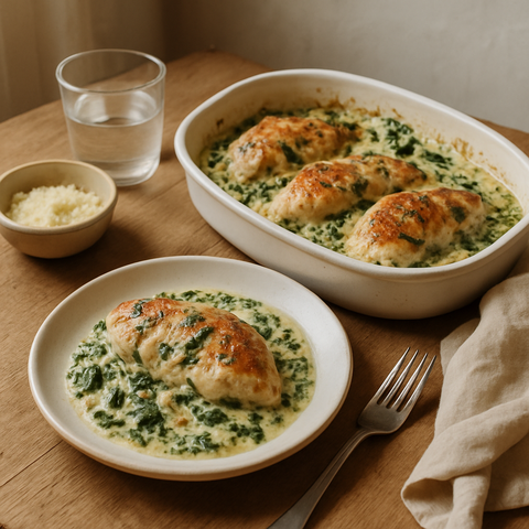 Überbackenes Hähnchen mit cremigem Spinat