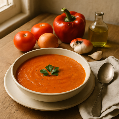 Suppe aus gerösteter roter Paprika und Tomaten