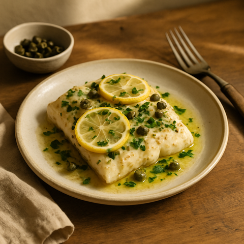 Limonlu ve Kaparili Fırında Morina Balığı